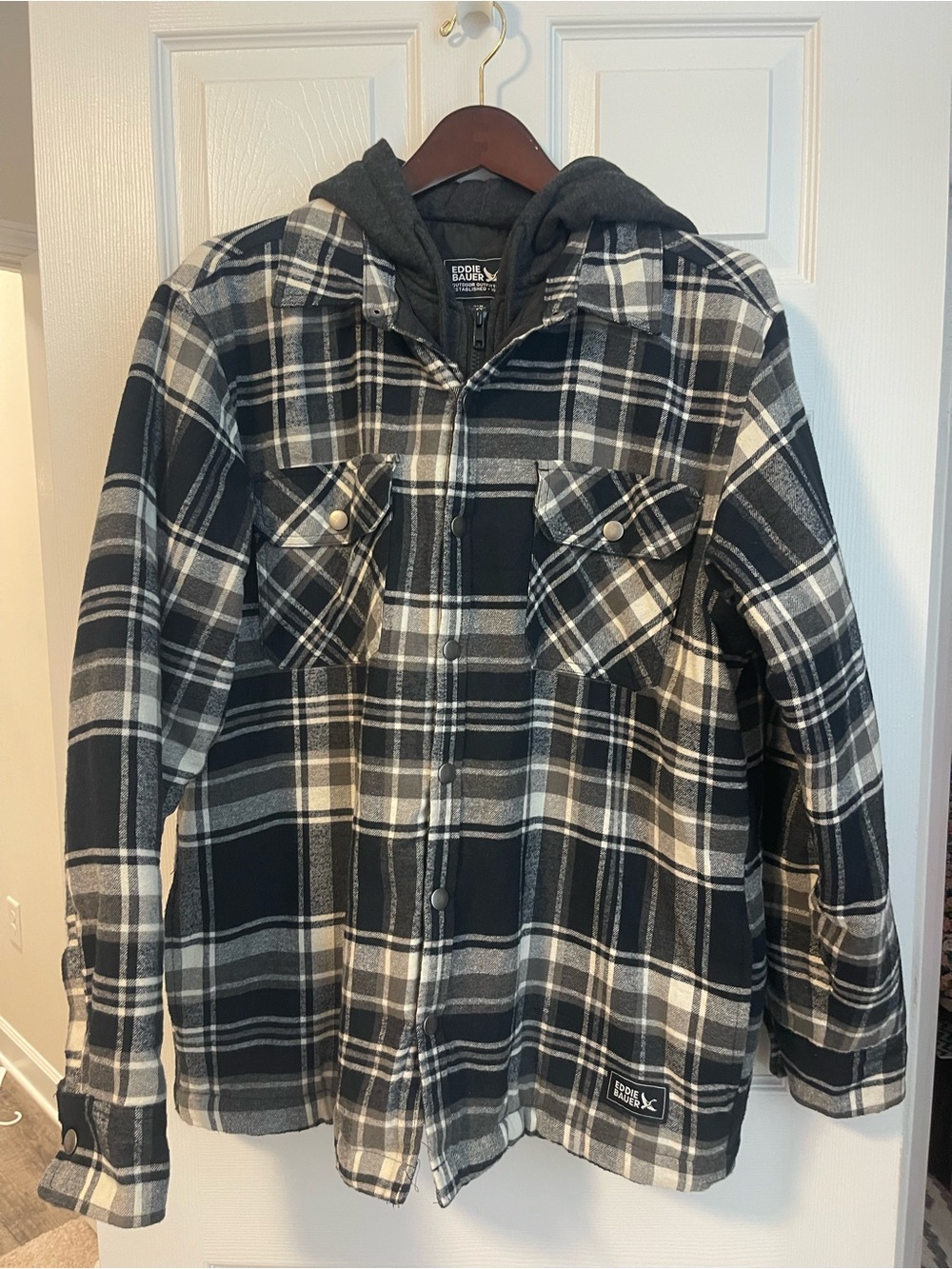 Eddie Bauer Navy, Gray & White Plaid Hooded Shacket